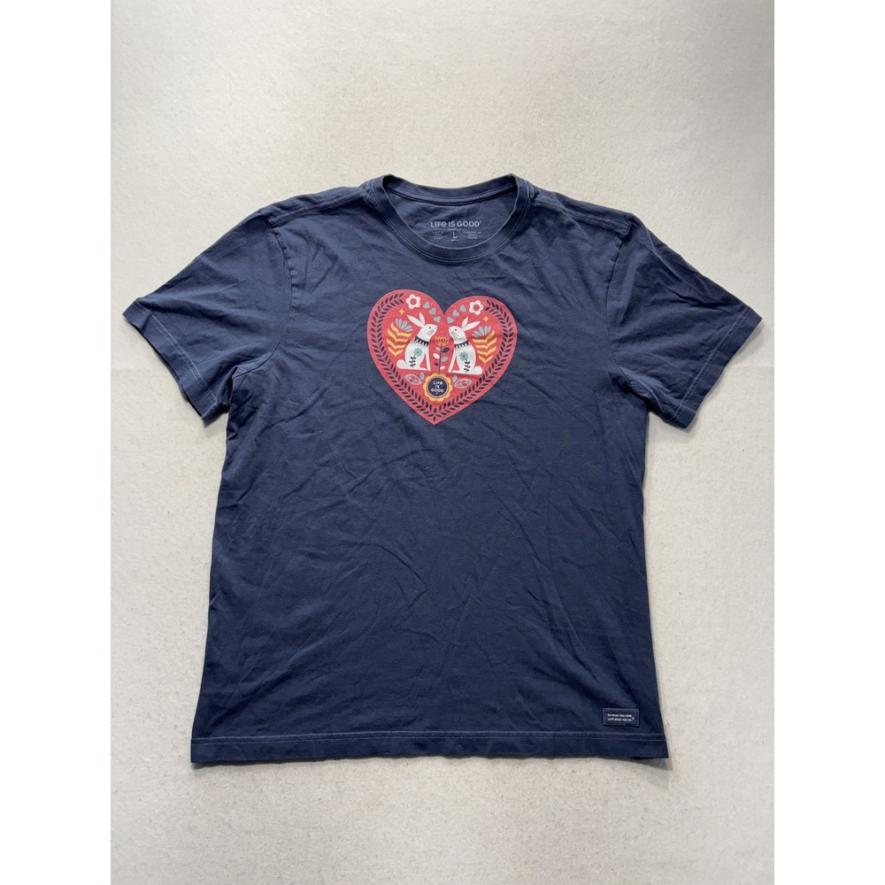 Life Is Good Shirt Mens Large Blue Heart Bunny Graphic Tee Crusher Love Animals